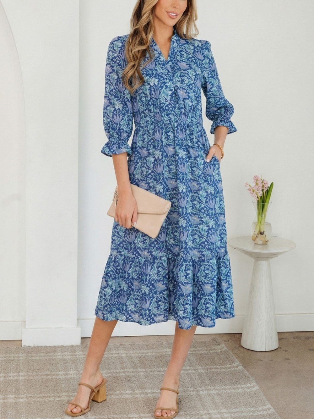Blue Floral Midi Dress - Women